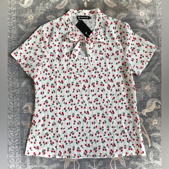 Allegra K Women's Bow Tie Neck Short Sleeve Floral Printed Chiffon Blouse - Picture 1 of 7
